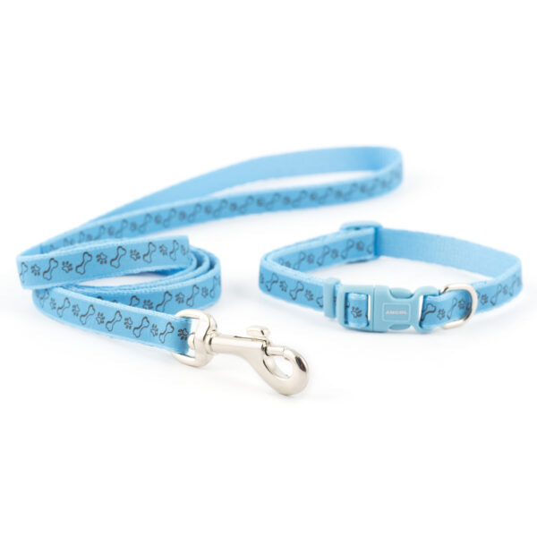 SMALL BITE REFL PAW&BONE COLLAR LEAD SET BLUE